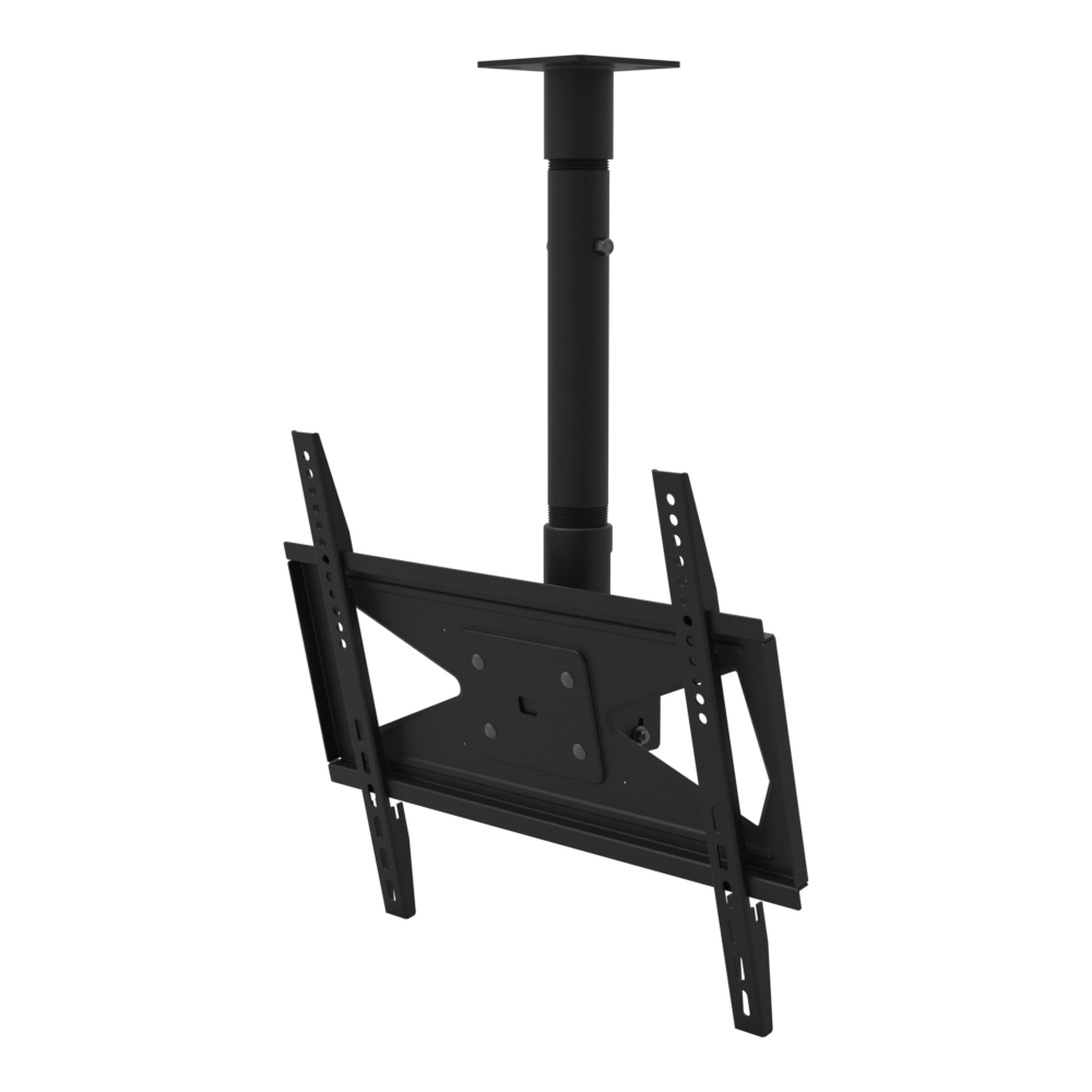 Tilting TV ceiling mount for 32-70 inch screens, 11CP001 cable pass-through plate, 20 to 28 inch drop, with telescoping extension.