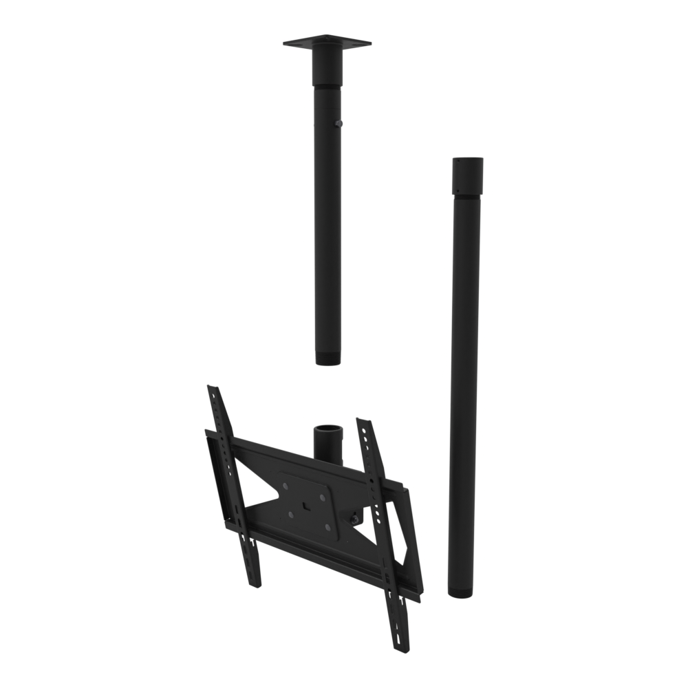 Tilting TV ceiling mount for 32-70 inch screens, 11CP001 cable pass-through plate, 58 to 74 inch drop, with coupler and 30 inch pipe.