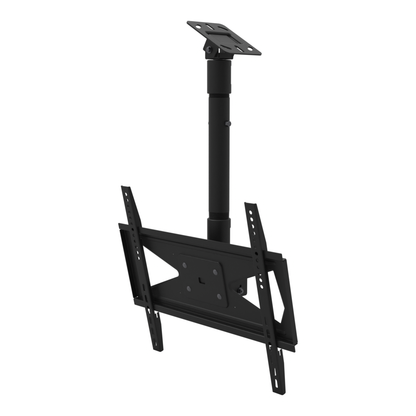 Tilting TV ceiling mount for 32-70 inch screens, angled plate for a sloped ceiling, 20 to 28 inch drop, with telescoping extension.