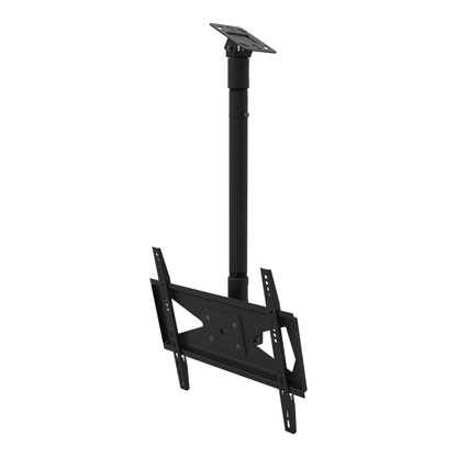 Tilting TV ceiling mount for 32-70 inch screens, angled plate for a sloped ceiling, 28 to 44 inch drop, with telescoping extension.