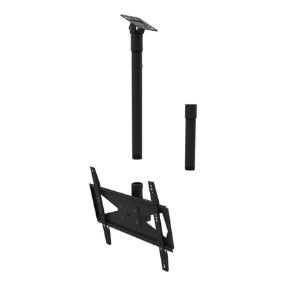Tilting TV ceiling mount for 32-70 inch screens, angled plate for a sloped ceiling, 28 to 54 inch drop, with coupler and 10 inch pipe.