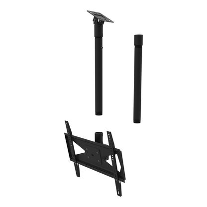 Tilting TV ceiling mount for 32-70 inch screens, angled plate for a sloped ceiling, 48 to 64 inch drop, with coupler and 20 inch pipe.