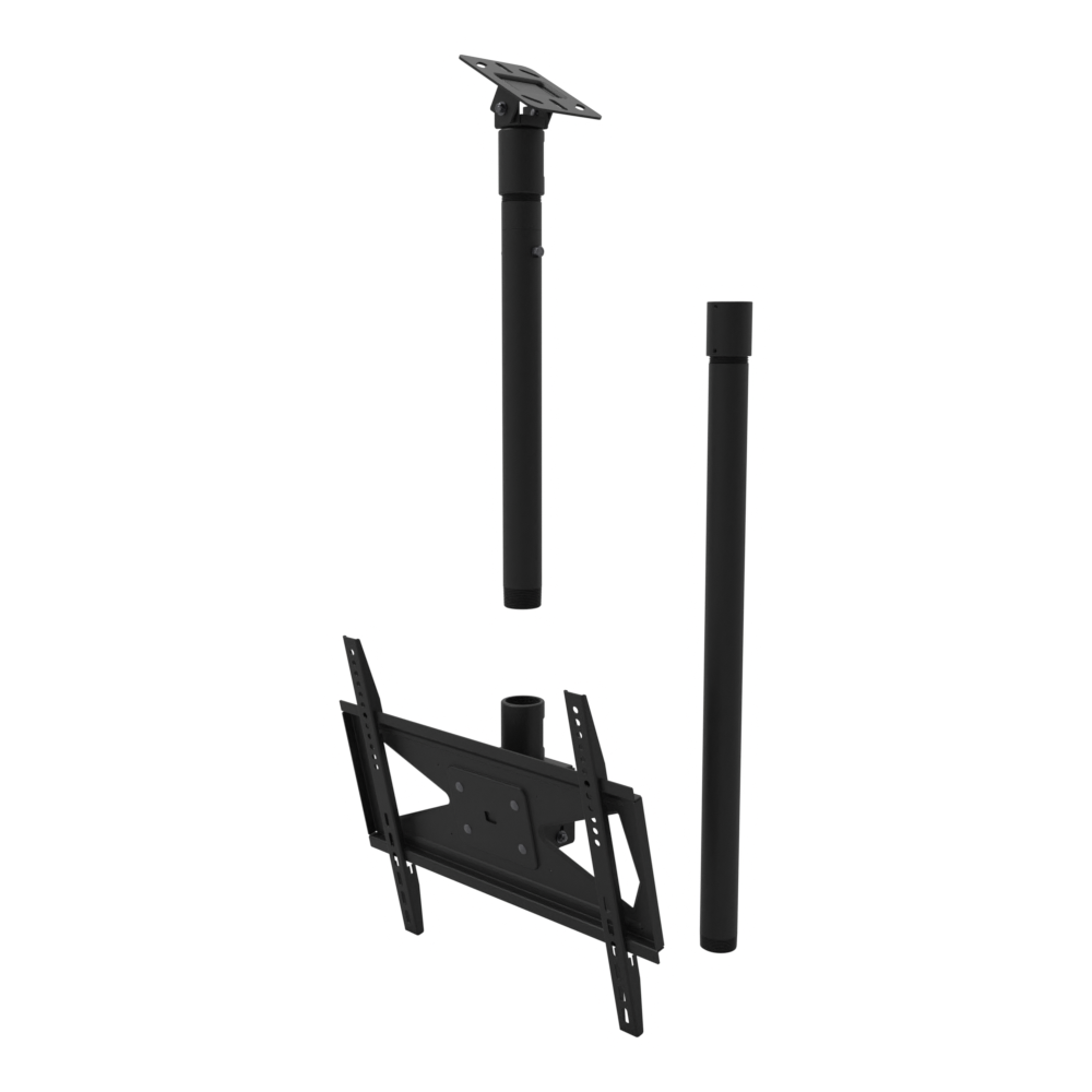 Tilting TV ceiling mount for 32-70 inch screens, angled plate for a sloped ceiling, 58 to 74 inch drop, with coupler and 30 inch pipe.