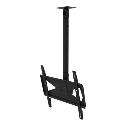 Tilting TV ceiling mount for 32-70 inch screens, flat ceiling plate, 28 to 44 inch adjustable drop, with telescoping extension.