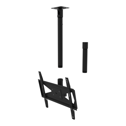 Tilting TV ceiling mount for 32-70 inch screens, flat ceiling plate, 28 to 54 inch drop, shown apart with coupler and 10 inch pipe.