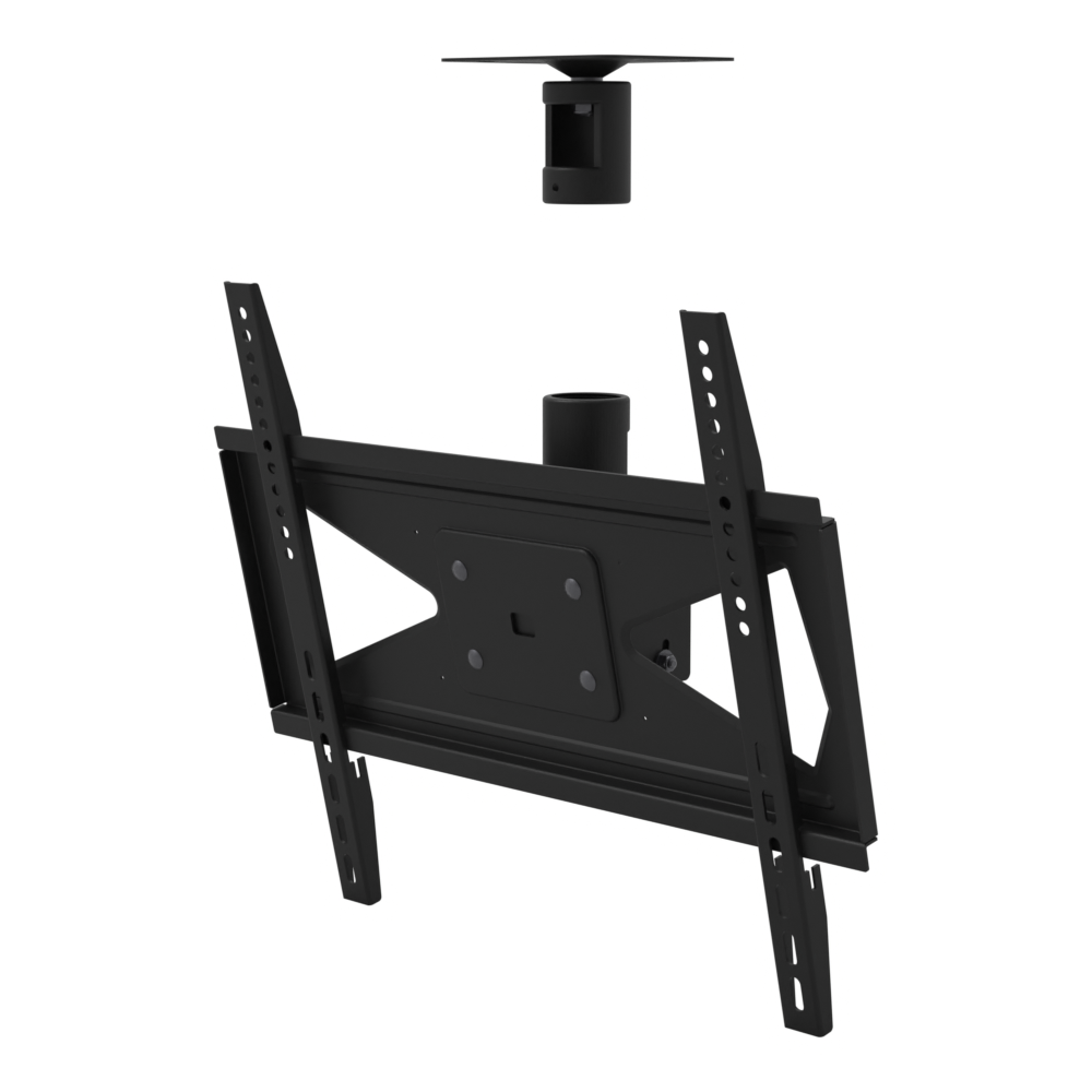 Tilting TV ceiling mount for 32-70 inch screens, flat ceiling plate and tilting head with TV rails, supplied without a mast.