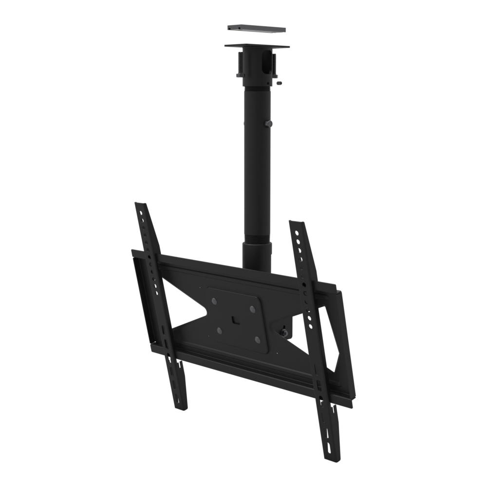 Tilting TV ceiling mount for 32-70 inch screens, unistrut adapter plate, 20 to 28 inch adjustable drop, with telescoping extension.