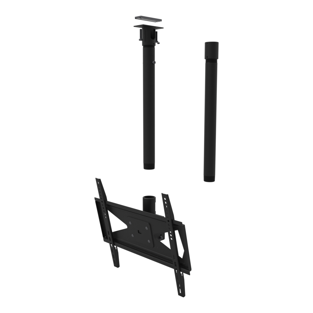 Tilting TV ceiling mount for 32-70 inch screens, unistrut adapter plate, 48 to 64 inch drop, shown apart with coupler and 20 inch pipe.