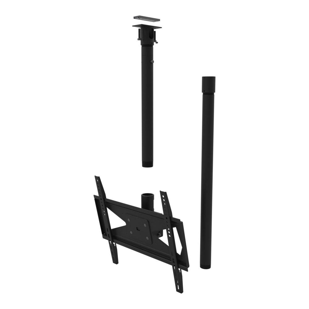 Tilting TV ceiling mount for 32-70 inch screens, unistrut adapter plate, 58 to 74 inch drop, shown apart with coupler and 30 inch pipe.
