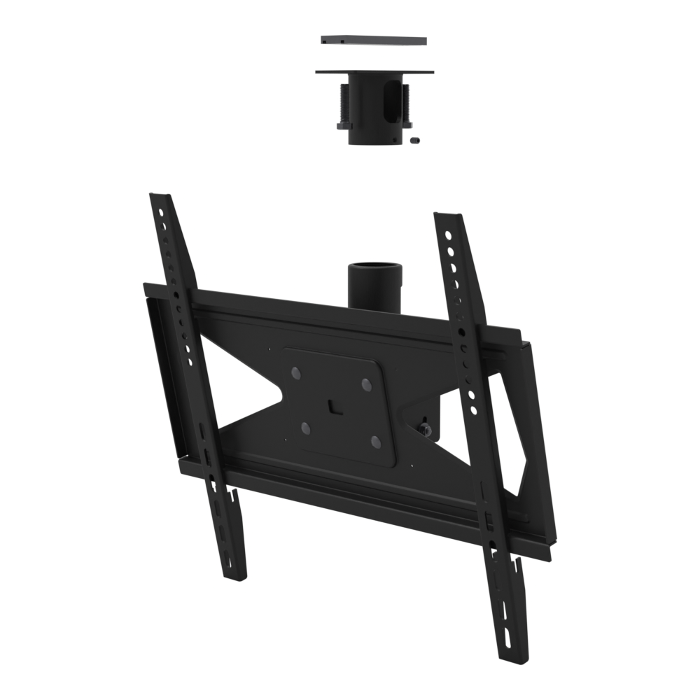 Tilting TV ceiling mount for 32-70 inch screens, unistrut adapter plate and tilting head with TV rails, supplied without a mast.