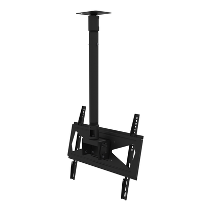 33CE016 tilting TV ceiling mount seen from the back, showing the tilting head and its TV rails, the telescoping extension and the ceiling plate.