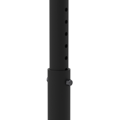 Close-up of the 33CE016 telescoping extension, shown pulled out: the row of adjustment holes in the inner tube above the outer pipe, with a 5/16 inch bolt and locknut through both to set the length.