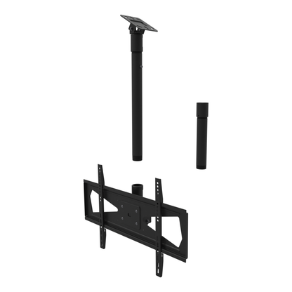 Tilting TV ceiling mount, 32-70 inch screens, 600x400 pattern, angled sloped-ceiling plate, 28 to 54 inch drop with 10 inch pipe.