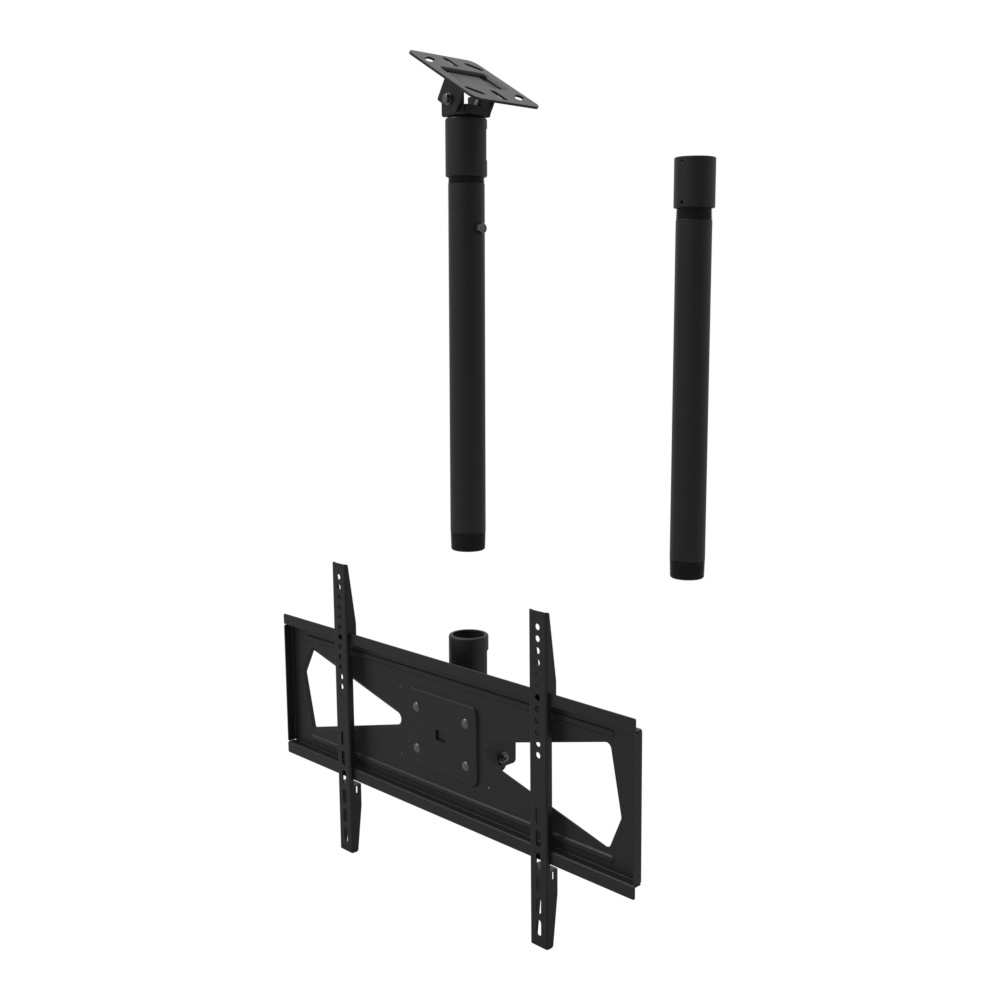 Tilting TV ceiling mount, 32-70 inch screens, 600x400 pattern, angled sloped-ceiling plate, 48 to 64 inch drop with 20 inch pipe.