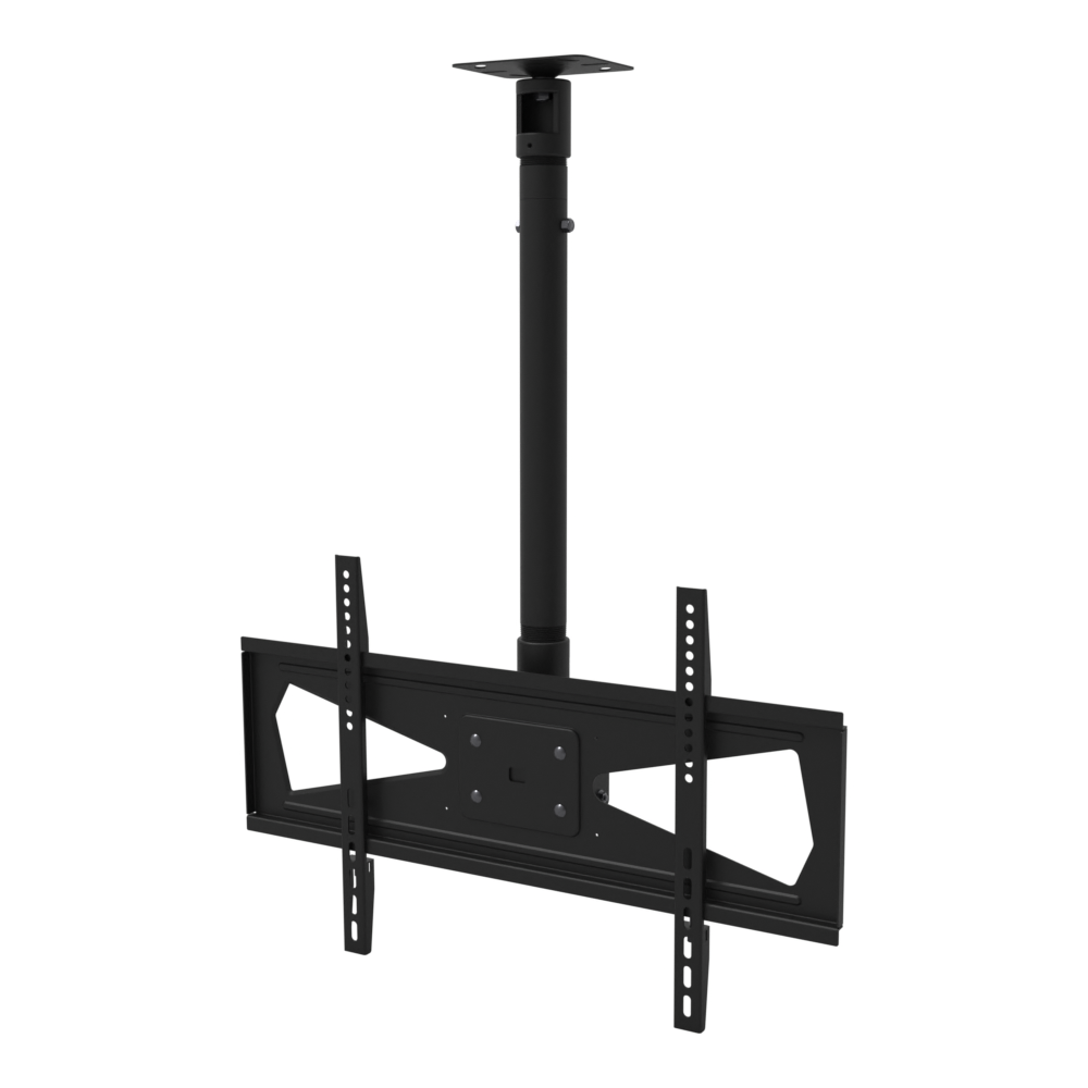 Wide TV ceiling mount assembled on its flat ceiling plate and telescoping mast, seen three-quarter on, 600x400 mounting pattern.