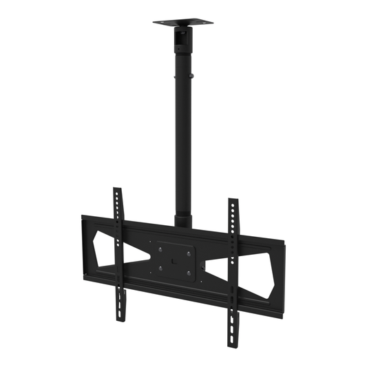 Wide TV ceiling mount assembled on its flat ceiling plate and telescoping mast, seen three-quarter on, 600x400 mounting pattern.
