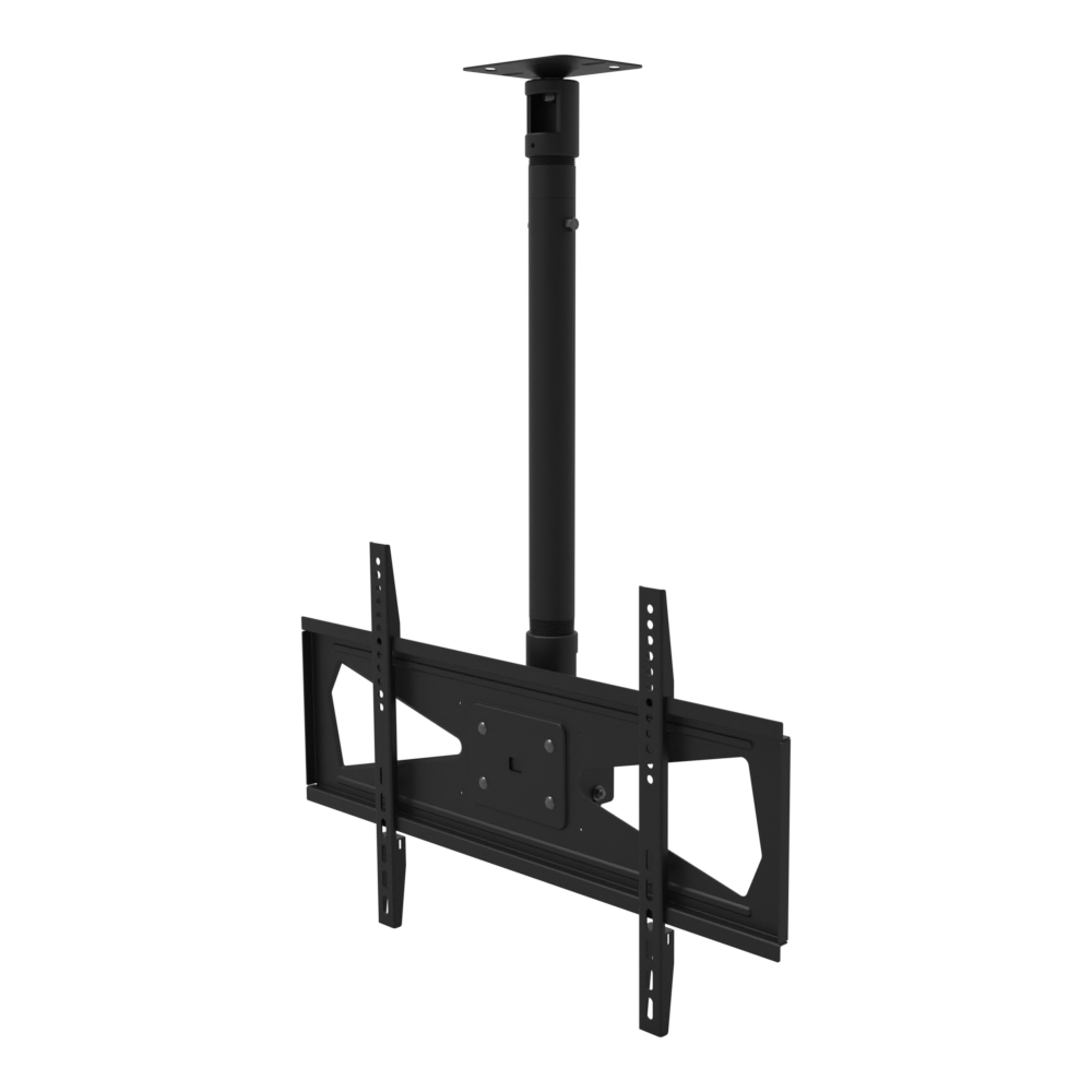 Tilting TV ceiling mount, 32-70 inch screens, 600x400 pattern, flat ceiling plate, 28 to 44 inch drop with telescoping extension.