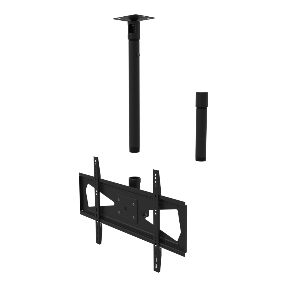 Tilting TV ceiling mount, 32-70 inch screens, 600x400 pattern, flat ceiling plate, 28 to 54 inch drop with coupler and 10 inch pipe.