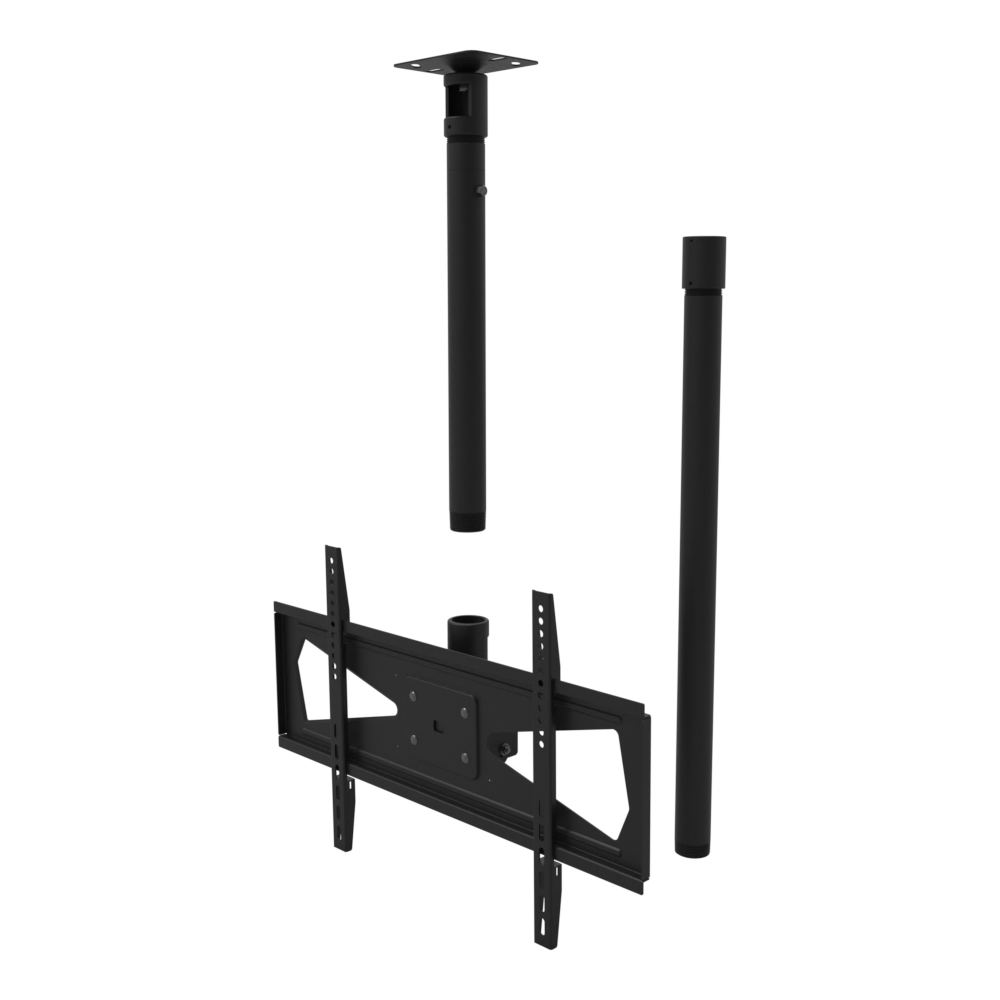 Tilting TV ceiling mount, 32-70 inch screens, 600x400 pattern, flat ceiling plate, 58 to 74 inch drop with coupler and 30 inch pipe.