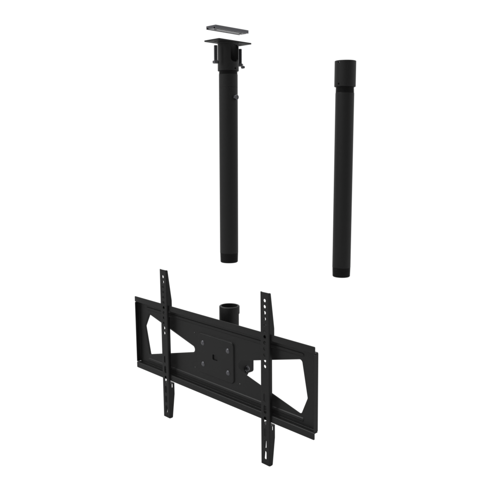 Tilting TV ceiling mount, 32-70 inch screens, 600x400 pattern, unistrut adapter plate, 48 to 64 inch drop with 20 inch pipe.