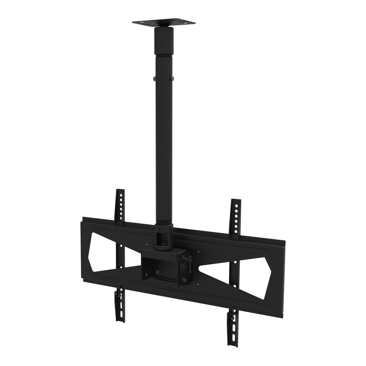 33CE017 wide TV ceiling mount seen from the back, showing the tilting head and its TV rails, the telescoping extension and the ceiling plate.