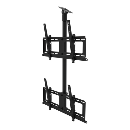 Dual-screen TV ceiling mount, two tilting heads one above the other, angled plate for a sloped ceiling, 39 inch fixed drop.