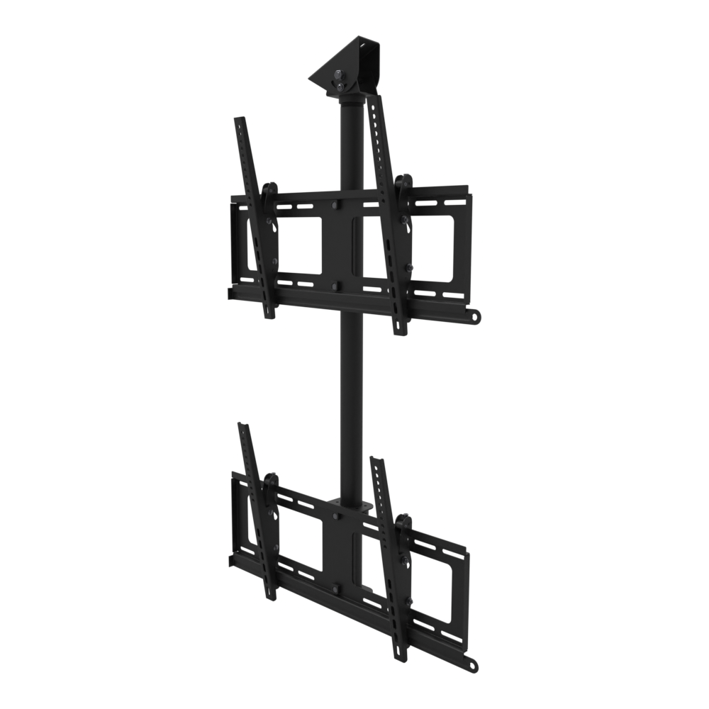 Dual-screen TV ceiling mount, two tilting heads one above the other, angled plate for a sloped ceiling, 39 inch fixed drop.