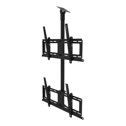 Dual-screen TV ceiling mount, two tilting heads one above the other, angled plate for a sloped ceiling, 41 to 69 inch drop.