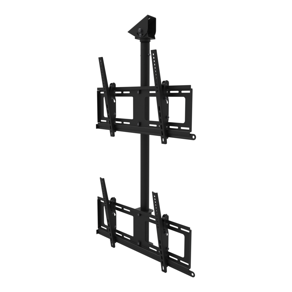Dual-screen TV ceiling mount, two tilting heads one above the other, angled plate for a sloped ceiling, 41 to 69 inch drop.
