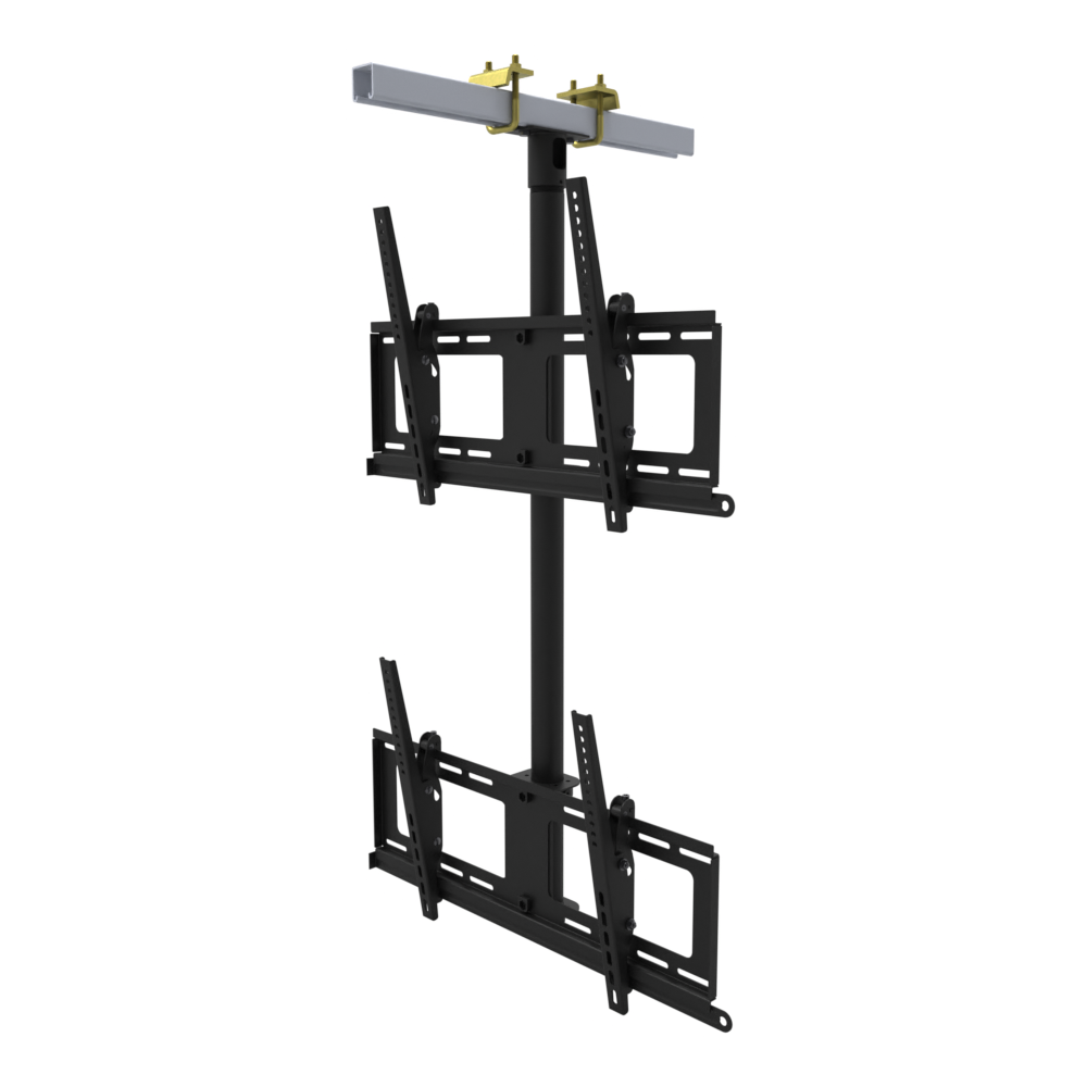 Dual-screen TV ceiling mount, two tilting heads one above the other, beam clamp on a strut channel, 39 inch fixed drop.
