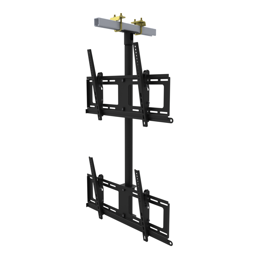 Dual-screen TV ceiling mount, two tilting heads one above the other, beam clamp on a strut channel, 39 inch fixed drop.