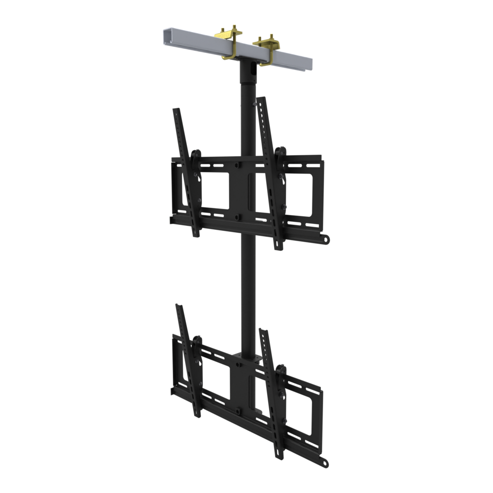Dual-screen TV ceiling mount, two tilting heads one above the other, beam clamp on a strut channel, 41 to 69 inch drop.