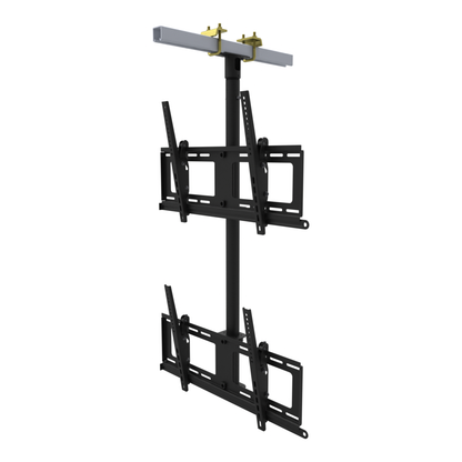 Dual-screen TV ceiling mount, two tilting heads one above the other, beam clamp on a strut channel, 41 to 69 inch drop.