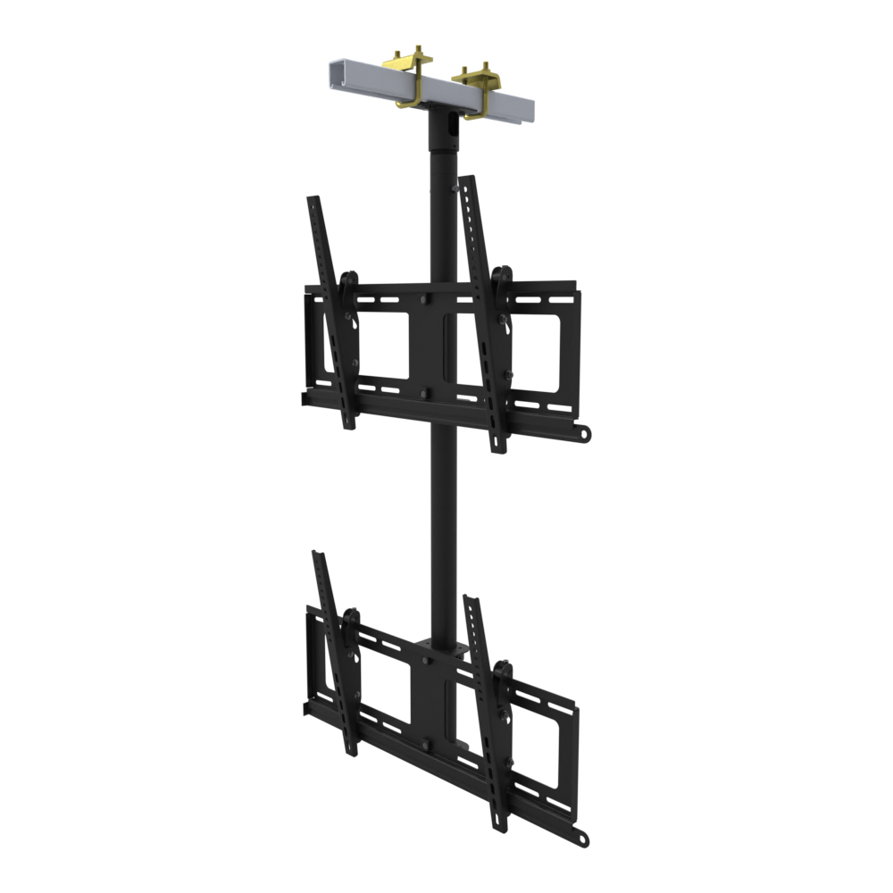 Dual-screen TV ceiling mount, two tilting heads one above the other, beam clamp on a strut channel, 41 to 69 inch drop.