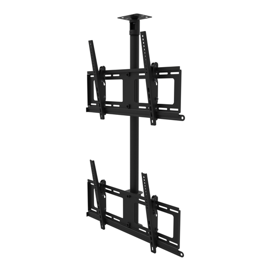 Dual-screen TV ceiling mount, two tilting heads one above the other, flat ceiling plate, 39 inch fixed drop.