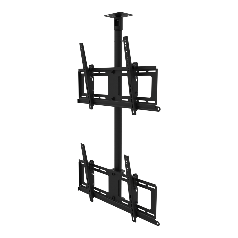 Dual-screen TV ceiling mount, two tilting heads one above the other, flat ceiling plate, 41 to 69 inch adjustable drop.