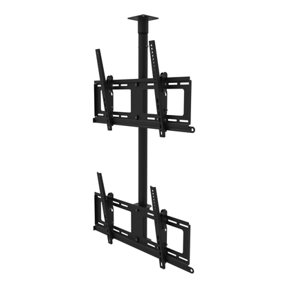 Dual-screen TV ceiling mount, two tilting heads one above the other, flat ceiling plate, 41 to 69 inch adjustable drop.