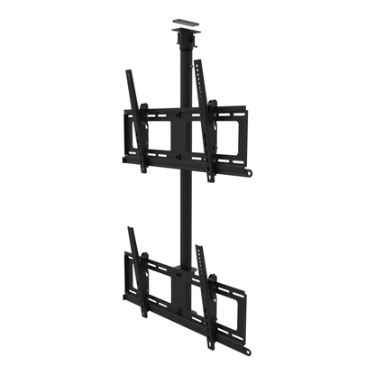 Dual-screen TV ceiling mount, two tilting heads one above the other, unistrut adapter plate, 41 to 69 inch adjustable drop.