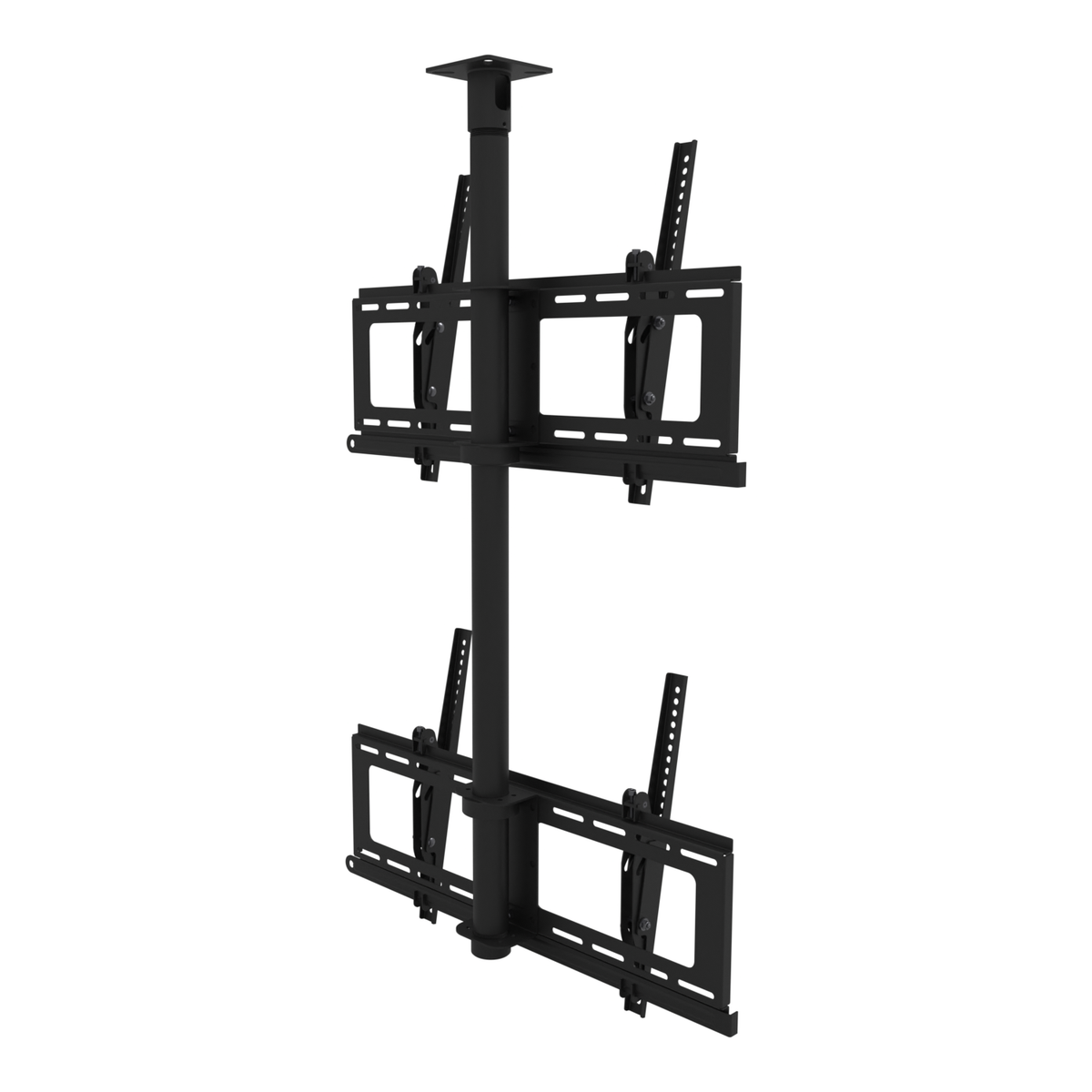 33CE018 dual-screen TV ceiling mount seen from the back, showing both TV heads with their wall plates and rails on the shared mast, and the ceiling plate.