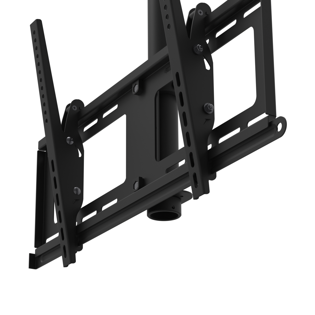 Lower 33CE018 TV head seen from below and to the side, with the lock bar in the locked position running under the wall plate through the hooked brackets of both TV rails.