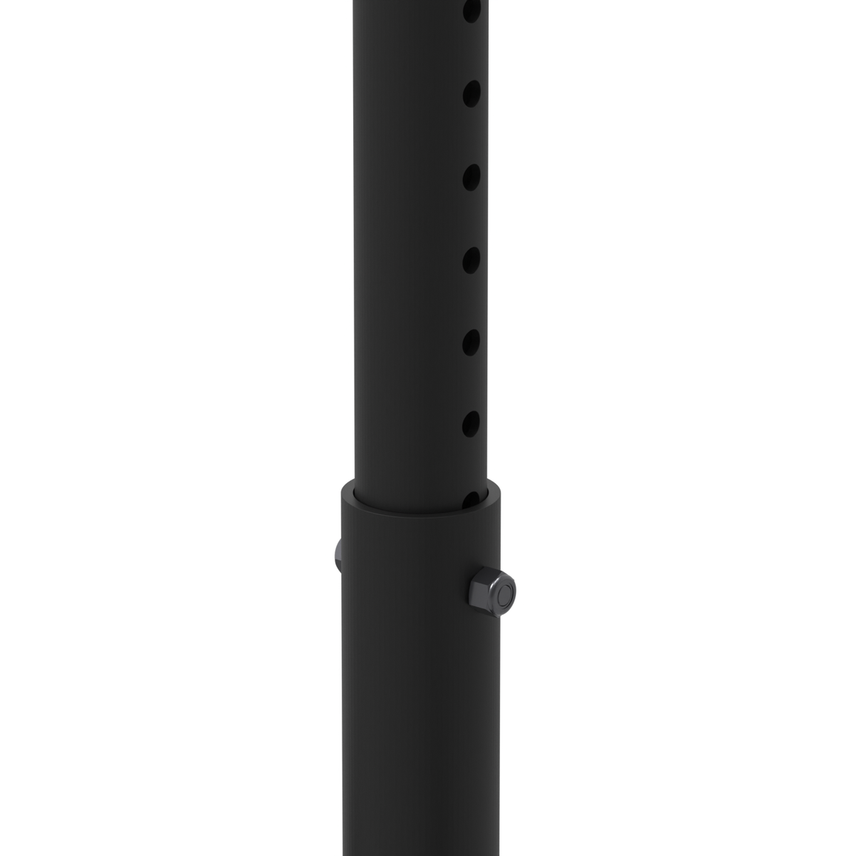 Close-up of the 33CE018 adjustable extension, shown pulled out: the row of adjustment holes in the inner tube above the outer pipe, with a 5/16 inch bolt and locknut through both to set the length.