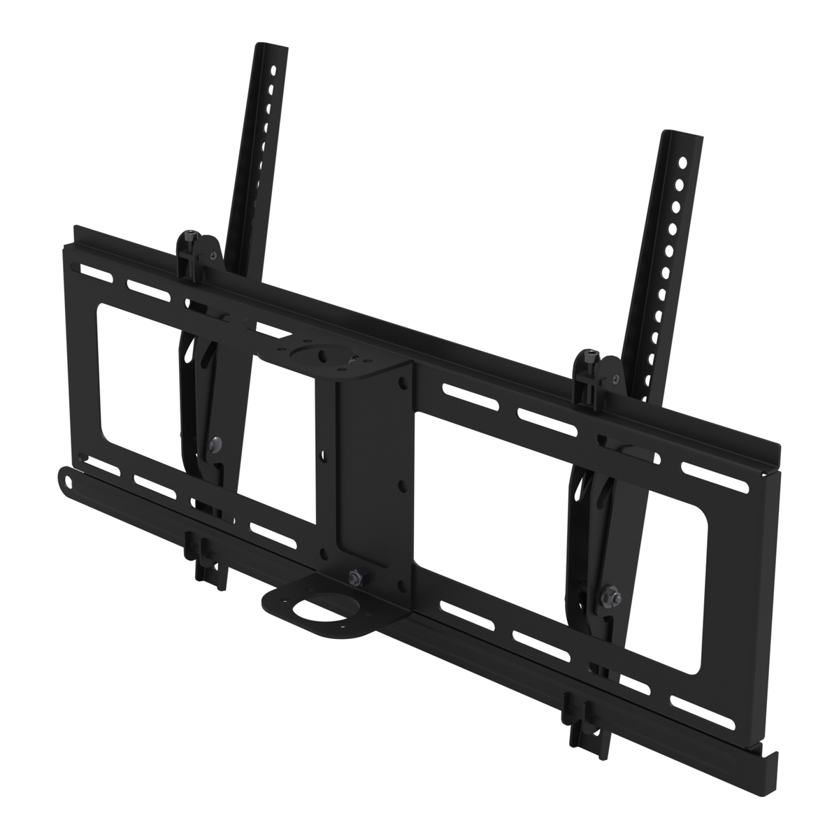 33CE018HEAD TV mount head seen from the back, set at 10 degrees, showing the wall plate, both tilting TV rails, the pipe adapter and the lock bar.