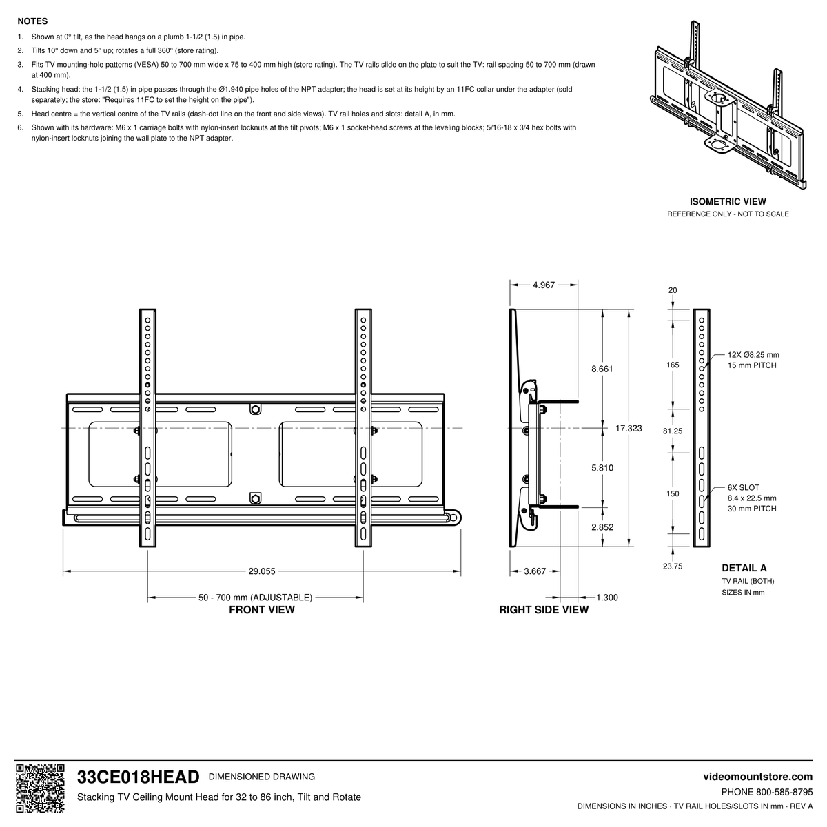 33CE018HEAD stacking TV ceiling mount head dimensioned drawing: slides on 1-1/2 (1.5) inch pipe, set by an 11FC collar, TV rails adjust 50 to 700 mm, 29.055 inches wide