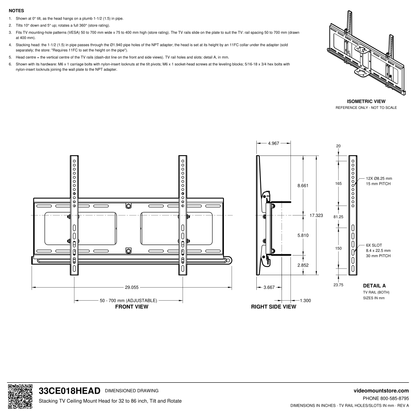33CE018HEAD stacking TV ceiling mount head dimensioned drawing: slides on 1-1/2 (1.5) inch pipe, set by an 11FC collar, TV rails adjust 50 to 700 mm, 29.055 inches wide