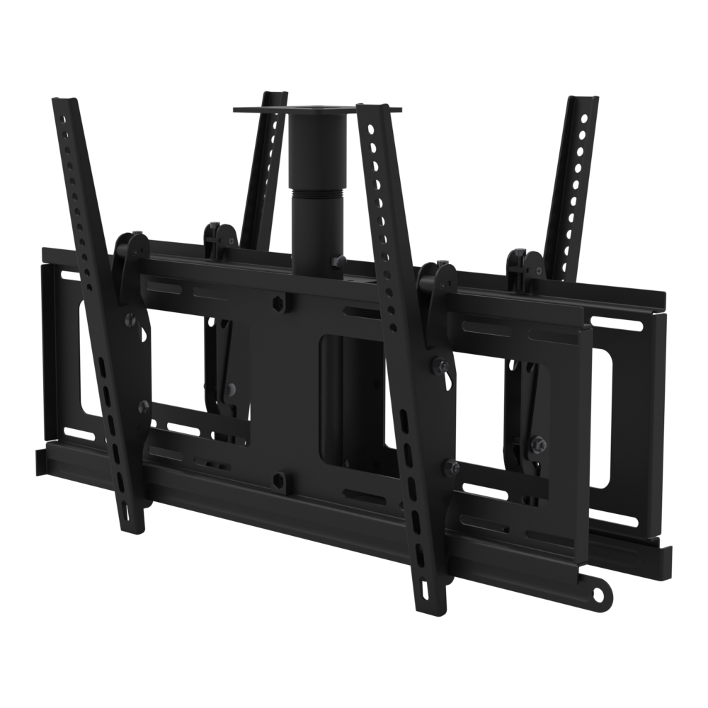 Back to back TV ceiling mount for four screens, flat ceiling plate, 9 to 17 inch drop, with telescoping extension.