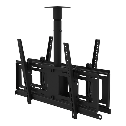 Back to back TV ceiling mount for four screens, flat ceiling plate, 17 to 33 inch drop, with telescoping extension.