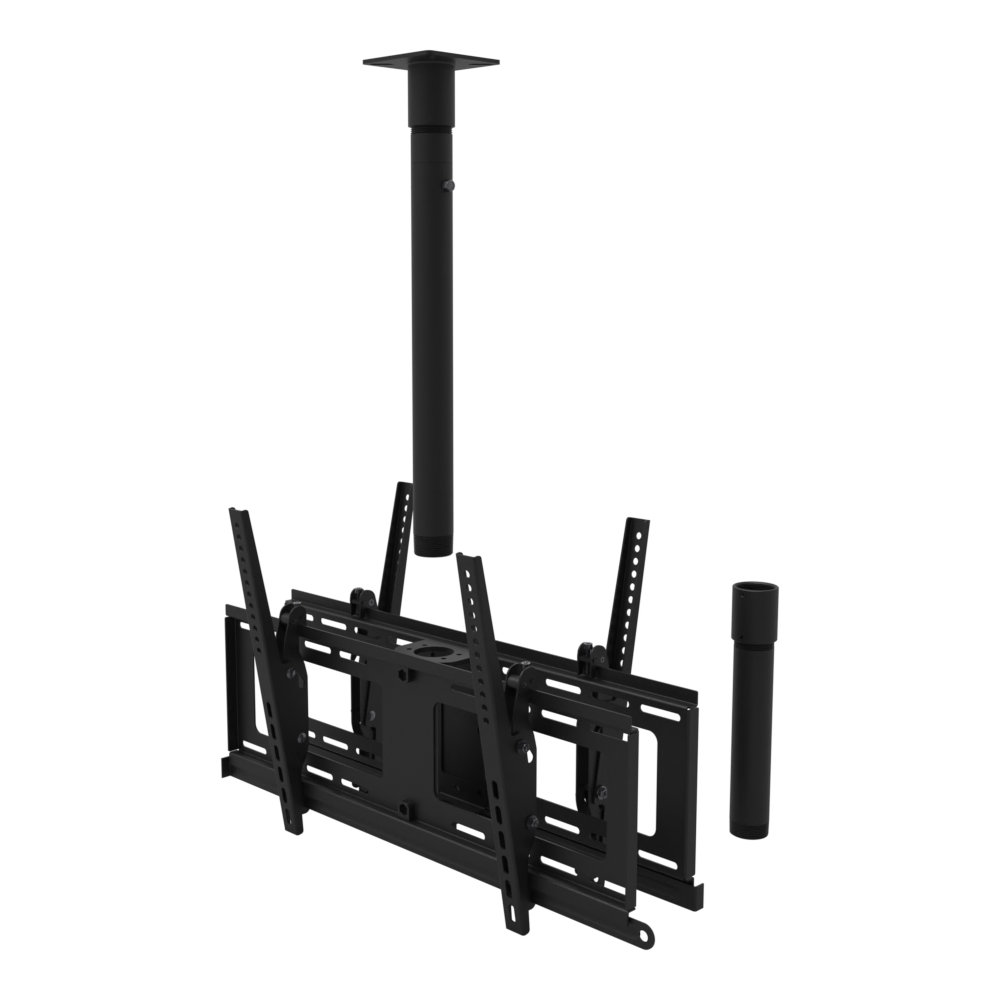Back to back TV ceiling mount for four screens, flat ceiling plate, 17 to 43 inch drop, shown apart with 10 inch pipe.