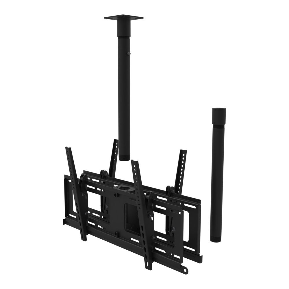 Back to back TV ceiling mount for four screens, flat ceiling plate, 37 to 53 inch drop, shown apart with 20 inch pipe.