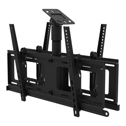 Back to back TV ceiling mount for four screens, angled plate for a sloped ceiling, 9 to 17 inch drop, with telescoping extension.