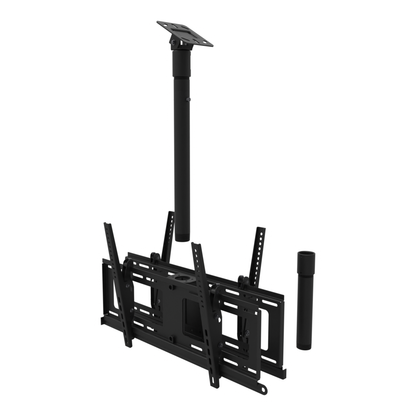 Back to back TV ceiling mount for four screens, angled plate for a sloped ceiling, 17 to 43 inch drop, shown apart with 10 inch pipe.